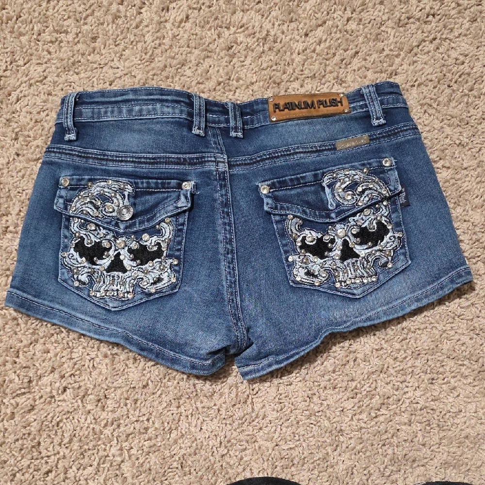 Platinum Plush Denim Shorts with Skull And Rhinestone Design